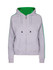 A grey hoodie with green stripe sleeves, featuring a zip and hood, and a front pocket. It has a logo.