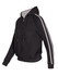 A black women's junior hoodie featuring striped sleeves and a front zip. It has a hood and side pockets.