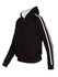 A black hoodie with white stripe sleeves and a front zip, featuring a hood and pockets.