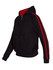 A black hoodie with red stripe sleeves and a red interior, featuring a zip closure and a hood.