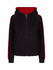 A black hoodie with red stripe sleeves and a red interior. It features a zip front and front pockets.