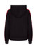 A black hoodie featuring red stripe sleeves and a hood. Includes a logo on the garment.