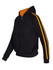 A black hoodie with orange stripe sleeves and a contrasting inner lining, featuring a zip closure and hood.