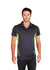 A men's polo shirt in dark grey with bright green accents and a collar, featuring a logo.