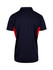 A navy blue polyester polo shirt with red side panels and a collar. It features a small logo.