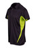 A black polo shirt with lime green accents, featuring a collar and three-button placket. It has a logo.