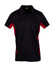 A black and red men's polo shirt featuring a collar and short sleeves, with a logo on the upper part.