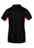 A black polo shirt with red side panels and a logo on the back.