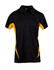 A black polyester polo shirt with yellow accents and a logo on the chest.