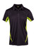 A black polyester polo shirt with green accents and a logo on the chest.