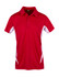 A red polyester polo shirt featuring white side panels and a collar. It has a logo on the chest.