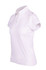 A white women's polyester polo shirt featuring a collar and short sleeves, with a logo on the chest.