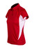 A red and white women's polyester polo shirt with a collar and short sleeves, featuring a logo.