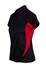 A black and red women's polo shirt with a collar and short sleeves, featuring a logo.