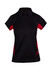 A women's polo shirt in black with red accents, featuring a collar and button placket, and a logo.