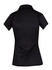 A black women's polo shirt featuring a collared neckline and short sleeves, with a logo on the back.