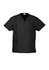 A black unisex scrub top featuring a V-neck design and two front pockets. Includes a logo on the neck label.