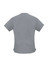 A grey women's scrub top with short sleeves and a curved hemline. It features a logo on the back.