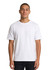 A white unisex loose T-shirt displayed on a model, featuring short sleeves and a simple design.