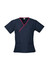 A navy scrub top with pink contrast trim, featuring short sleeves and two front pockets. It has a logo on the label.