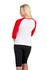 A women's 3/4 sleeve raglan T-shirt in red and white, featuring a logo, shown from the back.