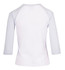 A white women's 3/4 sleeve raglan t-shirt with a solid design and a small logo on the back.