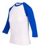 A white women's 3/4 sleeve raglan t-shirt featuring blue sleeves and a logo on the front.