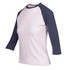 A women's 3/4 sleeve raglan T-shirt featuring a white body and navy blue sleeves, with a logo on the front.
