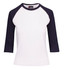 A white women's 3/4 sleeve raglan T-shirt with navy blue sleeves and a logo on the label.