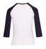 A 3/4 sleeve raglan T-shirt in white with navy sleeves, featuring a logo on the back.