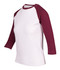 A women's 3/4 sleeve raglan t-shirt featuring white fabric with maroon sleeves. The shirt has a logo.