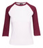 A women's 3/4 sleeve raglan t-shirt with a white body and maroon sleeves, featuring a logo.