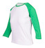 A women's 3/4 sleeve raglan T-shirt with white body and green sleeves, featuring a logo on the front.
