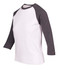 A white women's 3/4 sleeve raglan T-shirt with dark grey sleeves and a logo on the front.