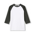 A Women's 3/4 Sleeve Raglan T-shirt featuring a white body and dark grey sleeves. It has a logo on the label.