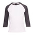 A Women's 3/4 Sleeve Raglan T-shirt featuring a white body and dark grey sleeves. It has a logo on the label.