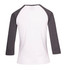A women's 3/4 sleeve raglan t-shirt featuring a white body and grey sleeves, with a logo.
