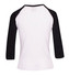 A women's 3/4 sleeve raglan T-shirt featuring a white body and black sleeves, with a logo on it.