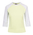 A women's 3/4 sleeve raglan t-shirt in light yellow with grey sleeves. It features a logo on the neckline.