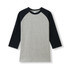 A grey and navy women's 3/4 sleeve raglan T-shirt with a simple design and a logo.