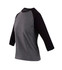 A women's 3/4 sleeve raglan T-shirt in grey with black sleeves, featuring a logo on the side.