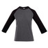 A women's 3/4 sleeve raglan T-shirt in grey and black, featuring contrasting sleeves and a logo.