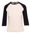 A women's 3/4 sleeve raglan T-shirt in cream with black sleeves, featuring a logo on the collar.