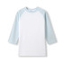 A women's 3/4 sleeve raglan T-shirt in white with light blue sleeves. It has a logo on the front.