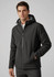 A men's soft shell jacket in black with a hood, featuring a front zip and side pockets. Includes a branding logo.