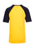 A men's/unisex raglan sleeve tee with a yellow body and navy sleeves. It features a logo on the back.