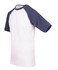 A men's/unisex raglan sleeve tee featuring a white body and navy blue sleeves, with a logo on the sleeve.