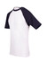 A unisex raglan sleeve tee featuring a white body and navy blue sleeves. It includes a logo on the front.