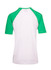 A unisex raglan sleeve tee in white with green sleeves, featuring a logo.