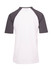 A men's unisex raglan sleeve tee featuring a white body and dark grey sleeves, with a logo on the back.
